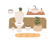 Restroom, home water closet interior design. Modern toilet with flush bowl, washbasin, house plants, furniture. Lavatory room in Scandi style. Flat vector illustration isolated on white background
