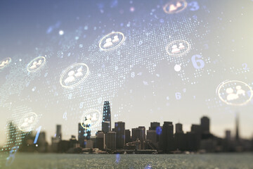 Double exposure of social network icons interface and world map on San Francisco office buildings background. Networking concept