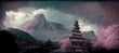 canvas print picture - Asian building with pagoda and sakura trees against mountain
