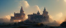 Mysterious Old Knight Castle With Glowing Windows In Mist
