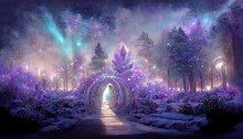 Portal Arch In Majestic Snowy Wood At Purple Light At Dusk