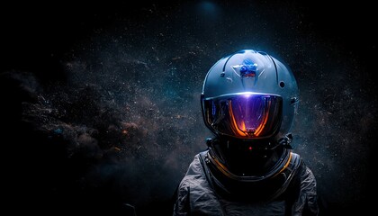Wall Mural - Pilot in futuristic protective helmet against starry sky