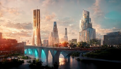Aufkleber - Transport bridge over large river and skyscrapers in city