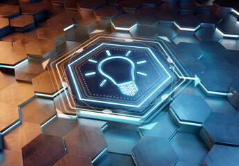 Poster - Lightbulb icon creativity concept engraved on metal hexagonal pedestral background. Innovation symbol glowing on abstract digital surface. 3d rendering