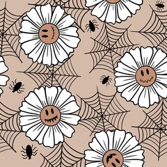 Hand drawn seamless Halloween pattern with beige cute pumpkins smile face flower daisy. Scary creepy spooky retro vintage background. 60s 70s fall holiday fabric background.