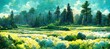 Scenic summer green grass meadow, beautiful and enchanting pine forest glade - watercolor style fluffy clouds. Tranquil and peaceful nature art.    