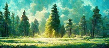 Scenic Summer Green Grass Meadow, Beautiful And Enchanting Pine Forest Glade - Watercolor Style Fluffy Clouds. Tranquil And Peaceful Nature Art.    