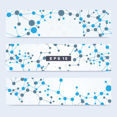 Wall Mural - Scientific set of modern vector banners. DNA molecule structure with connected lines and dots. Scientific and technology concept. Wave flow graphic background for your design. Vector illustration.