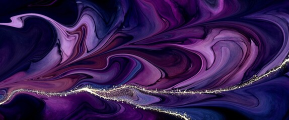 Wall Mural - trendy purple abstract alcohol ink background with dark contrast, color of the year, golden path, ha