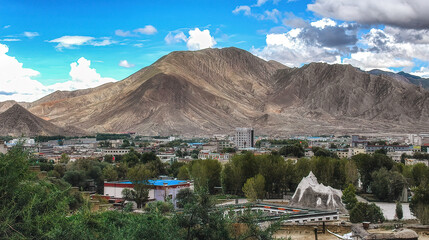 An aerial view of Shigatse, the second largest city in the region located halfway between Lhasa and Mount Everest.