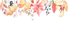 Autumn Border With Colorful Leaves And Berries, Watercolor Isolated Illustration, Beautiful Fall Frame For Invitation Or Greeting Cards, Posters Or Autumn Wallpapers.