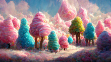 Illustration of  colorful dreamlike candy cotton trees in a forest,  abstract pink landscape, optimism concept, generative AI