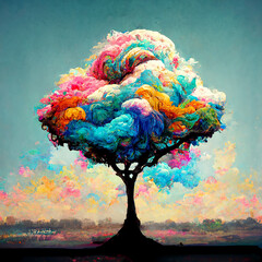 Illustration of a colorful dreamlike tree with copy space, cloud in rainbow colors, abstract landscape, optimism concept
