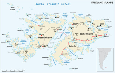  Falkland Islands, also Malvinas, vector road map