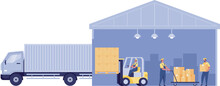 Warehouse Management, Logistic Process, Forklift Driver, Warehouse Loading Truck Working Forklift. Warehouse Worker Loading Boxes In Truck. Load Cargo Boxes Onto Trucks.