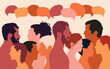 © Hope - Various people speaking and talking. Cartoon heads with a diversity of ethnicities in profile. Communication concept and speech bubble. Multi-ethnic multicultural dialogue group.