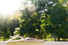 An Open Book Lies On A Bench On A Sunny Summer Day In The Park. Outside, Side View High Quality Photo