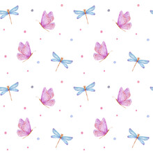 Seamless Pattern With Butterfly, Dragonfly And Polka Dots; Watercolor Hand Drawn Illustration; With White Isolated Background