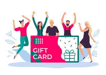 Happy people with gift card voucher enjoy