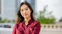 Portrait Pretty Young Asian Businesswoman, Happy Leaving Work Close Look With Affectionate Smile, Self-confidence.
