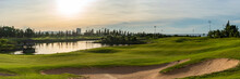 BANNER LONG FORMAT, Crop It. Orange Dawn Sun Golf Pond Reflection Hills Green Fabulous Background