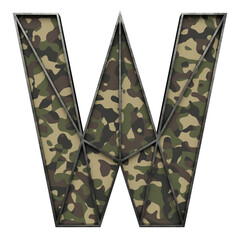 Wall Mural - Letter W made of used metal frame with camouflage inside, isolated on transparent background, 3d rendering