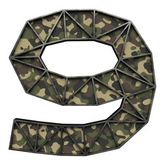 Wall Mural - Number 9 made of used metal frame with camouflage inside, isolated on transparent background, 3d rendering