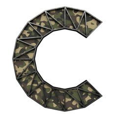 Letter C made of used metal frame with camouflage inside, isolated on transparent background, 3d rendering