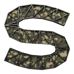 Wall Mural - Letter S made of used metal frame with camouflage inside, isolated on transparent background, 3d rendering