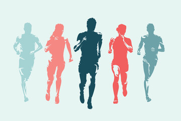 Run, group of running people, men and women, front view. Set of isolated vector silhouettes, ink drawing