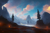 Mountains, Snow and Burning Ground, Fantasy Fiction Digital Art Illustration, CG Artwork For Video Games