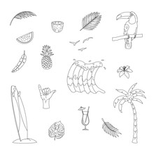 A Set Of Hand Drawn Surfing Elements. Waves, Surfboard, Palm Trees, Tropical Leaves And More. Flat Vector Illustration.