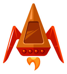 Sticker - Rocket launch icon. Powerful space shuttle in cartoon style