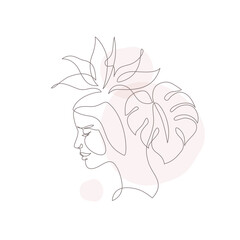 Canvas Print - Elegant one line drawing of abstract woman face with tropical flower