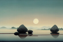 Zen Garden. A Calm Morning, Hazy. Zen Background. Wallpaper For Meditation. 3D Illustration.