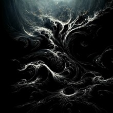 Abstract Concept Art Black And White Waves And Smoke. Patterns, Textures And Geometrical Shapes. Dark Background With Epic Light And Cinematic Set-up. Realistic Wallpaper.