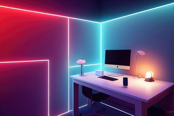 Leinwandbilder - Blogger workplace. Empty space with podcast equipment to record talking show at home. Futuristic modern workplace of internet blogger, streamer or computer gamer. 3d rendering