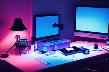 Leinwandbilder - Blogger workplace. Empty space with podcast equipment to record talking show at home. Futuristic modern workplace of internet blogger, streamer or computer gamer. 3d rendering