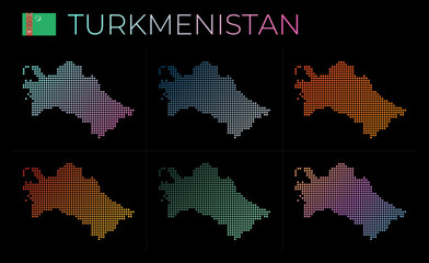 Turkmenistan dotted map set. Map of Turkmenistan in dotted style. Borders of the country filled with beautiful smooth gradient circles. Vibrant vector illustration.