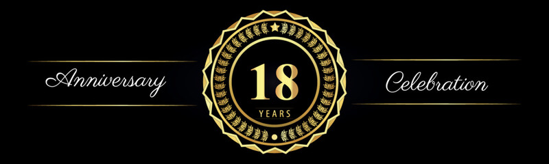 Wall Mural - 18 years anniversary celebration logotype with gold star frames, number, and flowers on black background. Premium design for marriage, banner, event party, happy birthday, greetings card, jubilee.