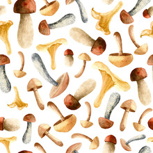 Mushroom Seamless Watercolor Pattern For Fabric Or Wrapping Paper. Hand Drawn Autumn Texture. Botanical Fall Illustration For Textile On White Isolated Background