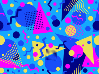 Wall Mural - Memphis seamless pattern with geometric shapes in 80s style. Colorful geometric shapes on a blue background. Design of promotional products, wrapping paper and printing. Vector illustration
