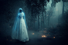A Dark Ghostly Figure Moving Through A Misty Forest In The Evening. Spooky Concept.Digital Art