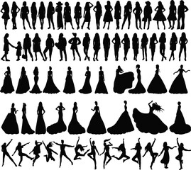 Wall Mural - set of women brides, princesses silhouette isolated, vector