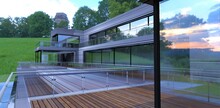 An Unprecedented Case Of Finishing The Facade Of A Contemporary House With Aluminum Panels. Long Extended Terraces Enclosed By Glass. 3d Render.
