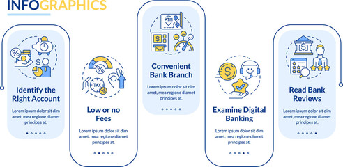 Choose bank rectangle infographic template. Customer benefits. Data visualization with 5 steps. Editable timeline info chart. Workflow layout with line icons. Lato-Bold, Regular fonts used