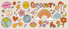 Set Of 70s Groovy Element Vector. Collection Of Doodle Smile Face, Flower, Lips, Disco Ball, Rainbow, Earth, Peace, Mushroom, Roller Skate. Cute Retro Groovy Hippie Design For Decorative, Sticker.