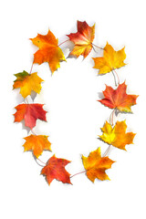 Wall Mural - number 0 or letter o from of colorful autumnal maple leaves on white background. top view, flat lay