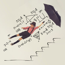 Creative Design With Drawn Elements. Little Boy, Child Flying With Umbrella Over Mathematics Formulas
