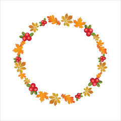 Wall Mural - Happy Thanksgiving day digital illustration. Wreath with floral elements orange maple leaves as a circle on the white background. Holiday greeting card for celebration poster, brochure. Autumn holiday